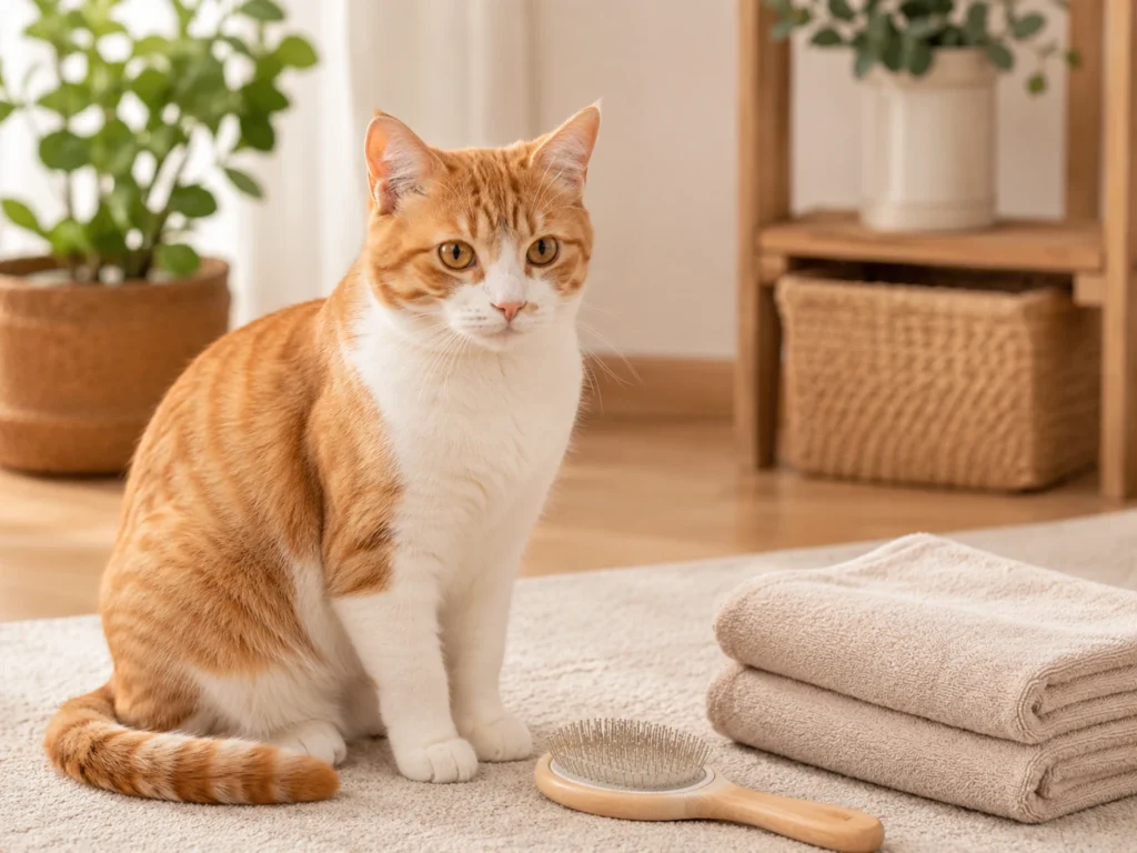 Calm cat beside a soft grooming brush and folded towel