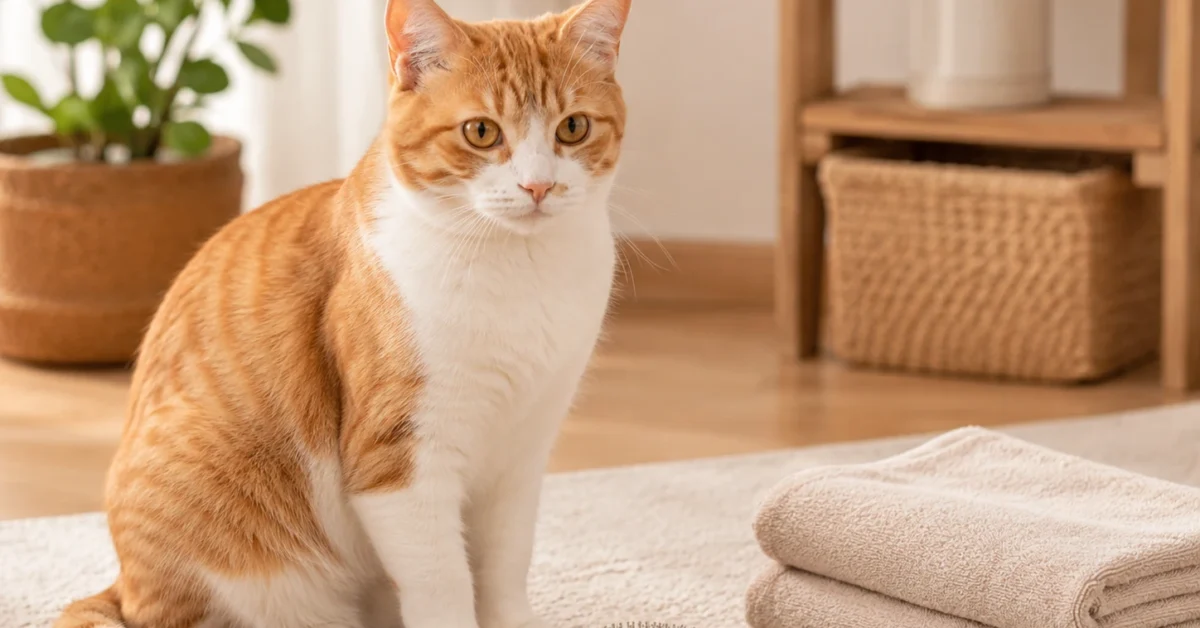 Calm cat beside a soft grooming brush and folded towel