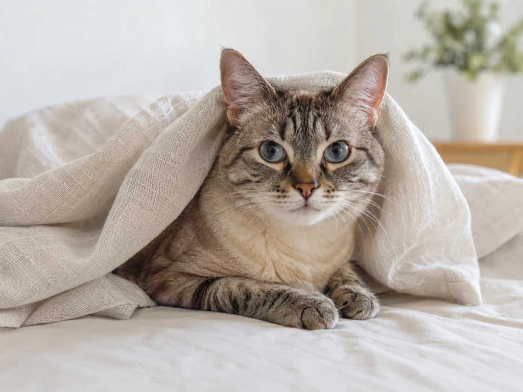 Calm cat resting safely under a loose blanket with its face visible