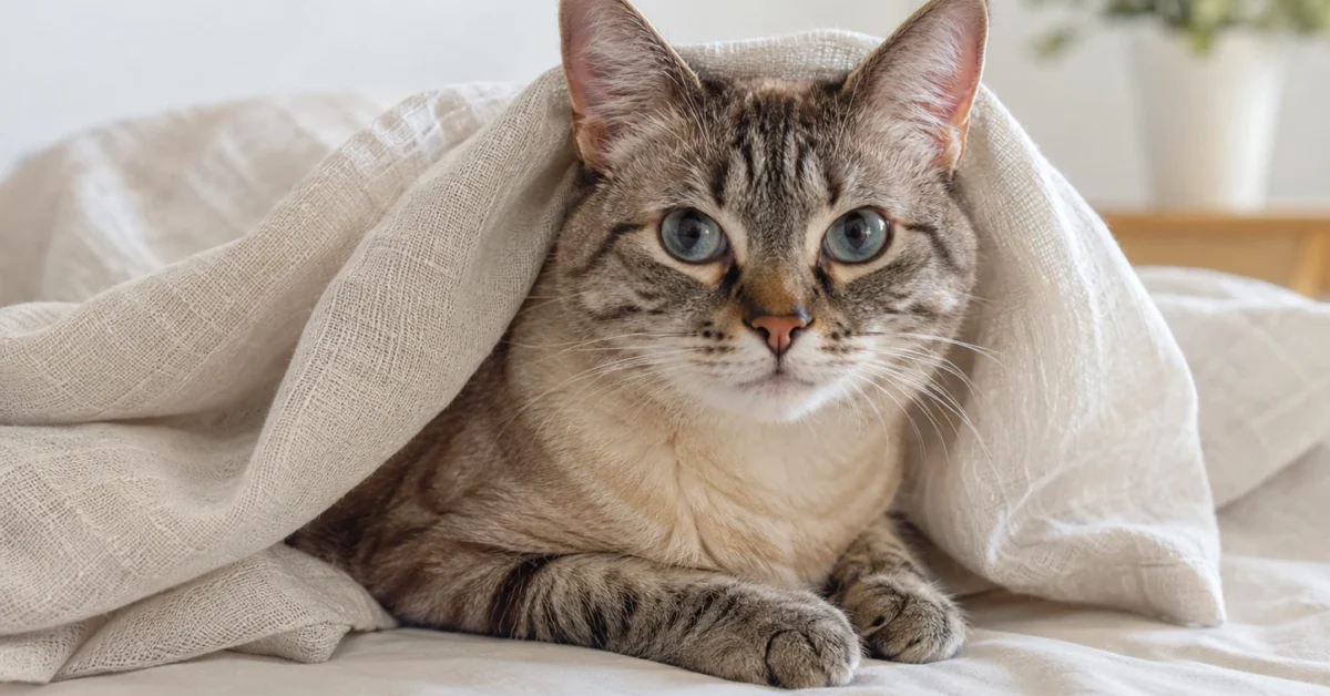 Calm cat resting safely under a loose blanket with its face visible