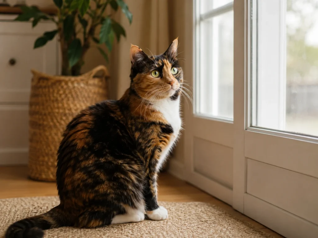 Curious cat sitting safely near a closed door inside a cozy home