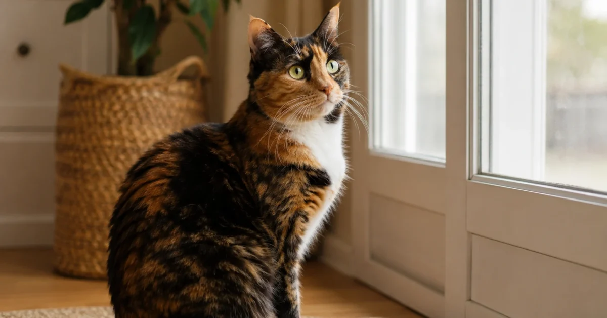 Curious cat sitting safely near a closed door inside a cozy home
