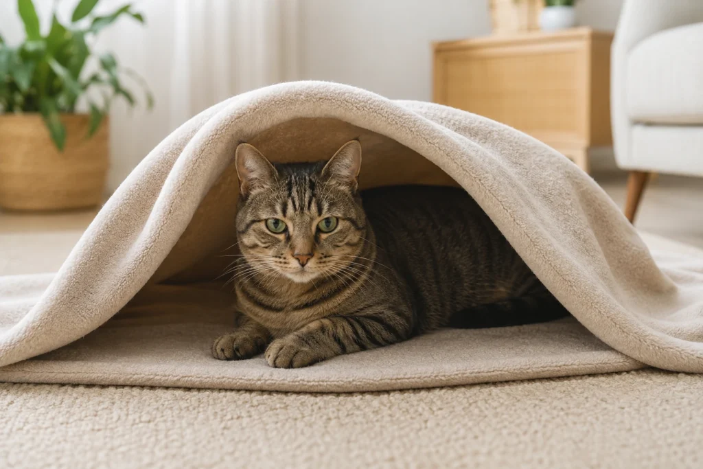 Cat resting under a loose blanket tunnel with a wide open exit