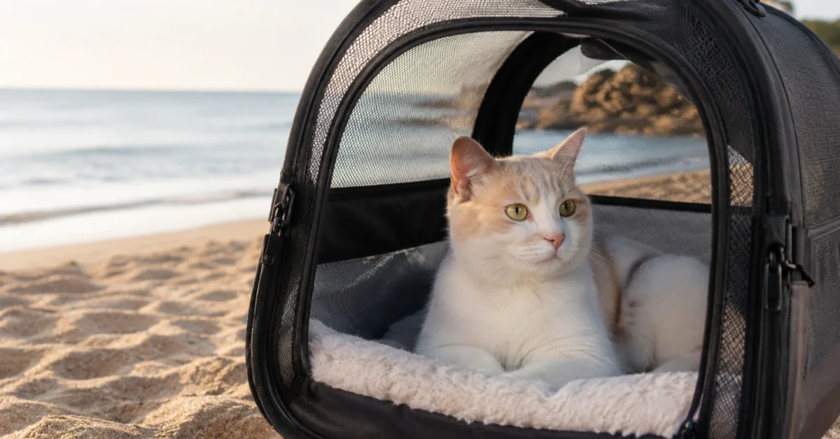 Calm cat resting safely in a shaded carrier near a quiet beach