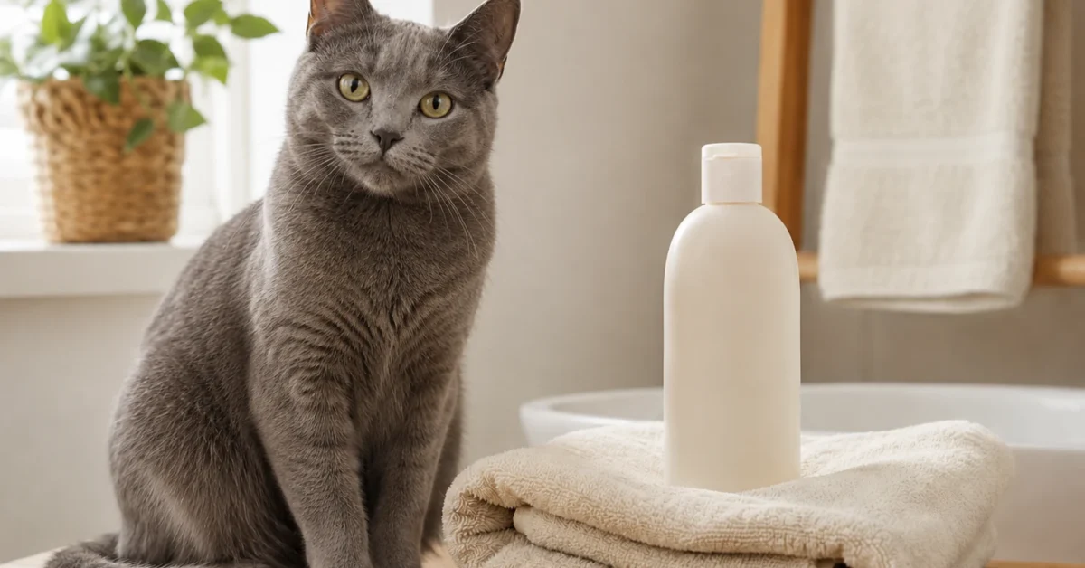 Calm cat beside a towel and pet shampoo in a clean bathroom