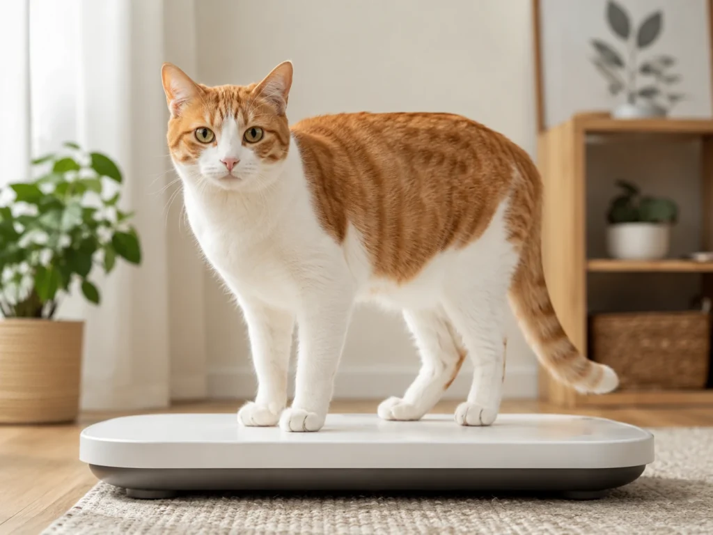 Calm cat standing on a pet weighing scale in a cozy home