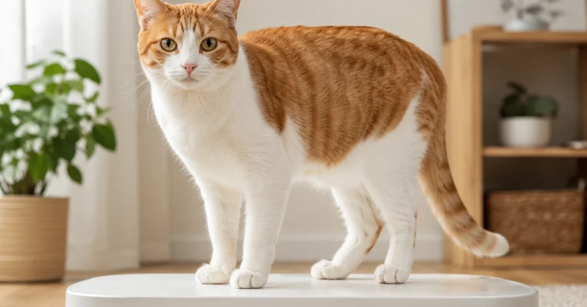 Calm cat standing on a pet weighing scale in a cozy home