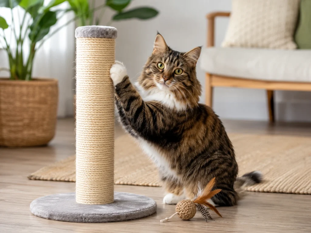 Calm cat using a scratching post and toy in a cozy home