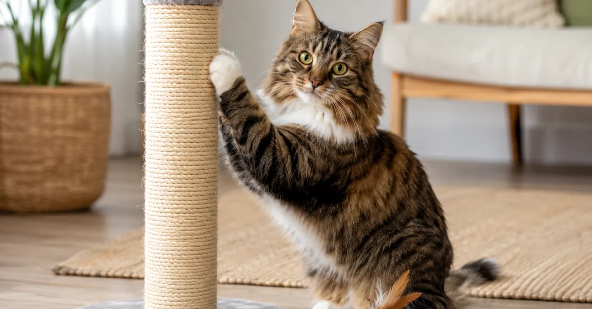 Calm cat using a scratching post and toy in a cozy home