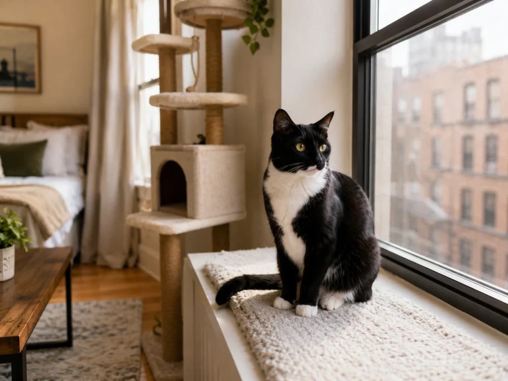 Calm cat relaxing in a small apartment with a window perch and cat tree