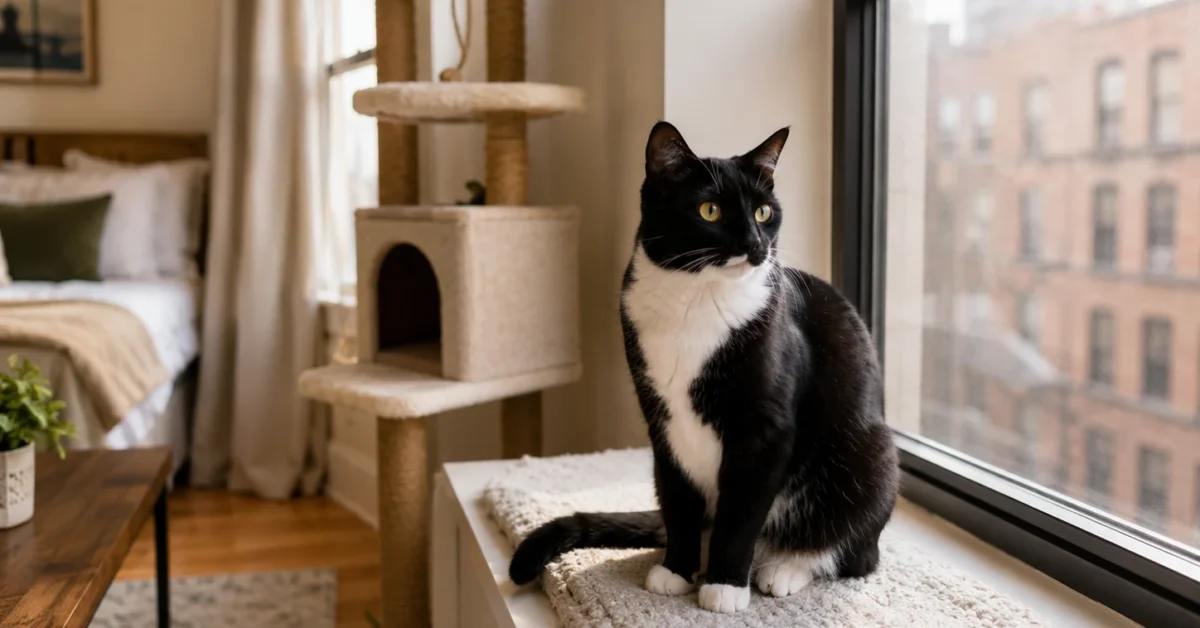 Calm cat relaxing in a small apartment with a window perch and cat tree