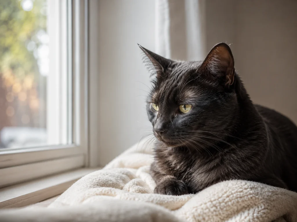 Quiet cat resting alone near a window in a cozy home