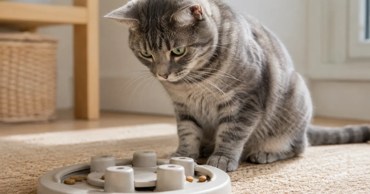 Curious cat looking at a puzzle feeder in a cozy home