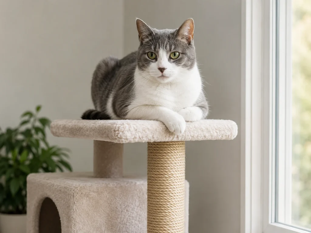 Calm cat sitting on a sturdy cat tower near a bright window