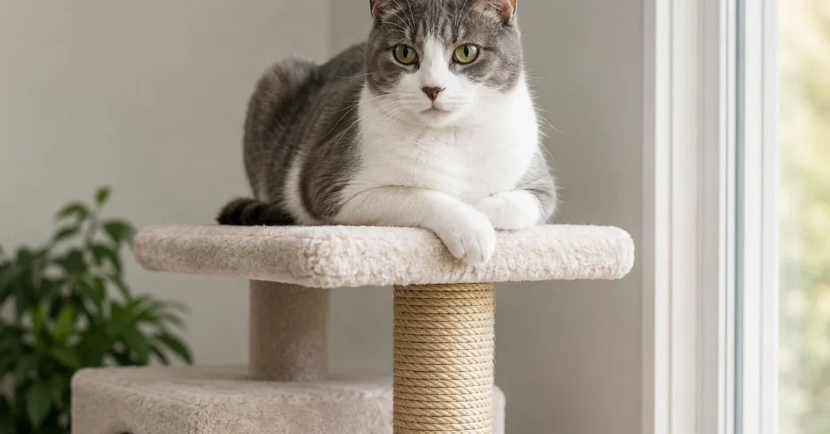 Calm cat sitting on a sturdy cat tower near a bright window