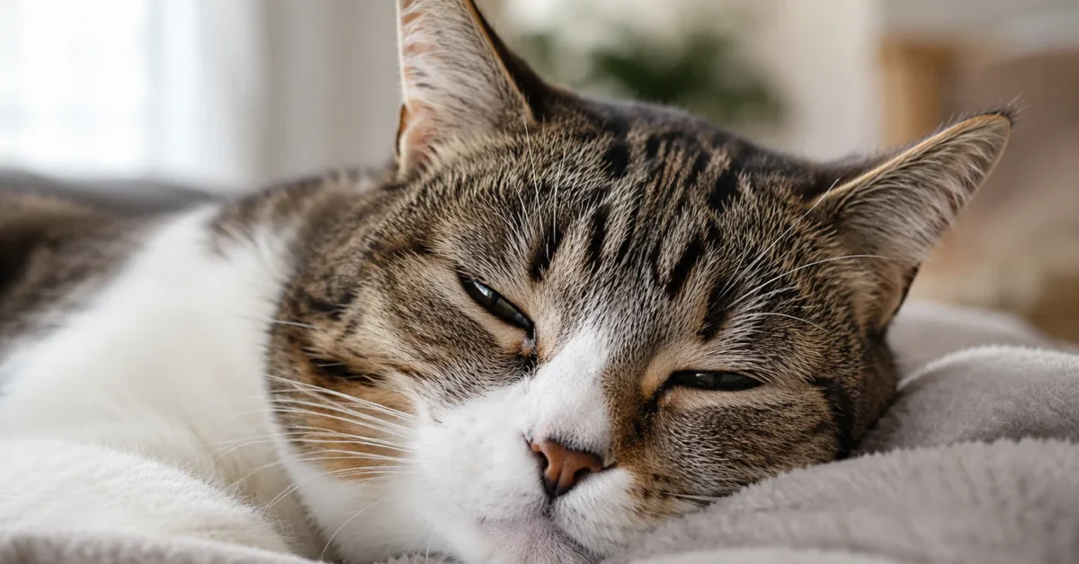Relaxed cat resting on a soft blanket with a close view of its nose