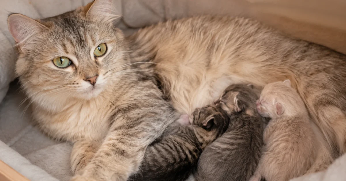 Calm mother cat resting beside her kittens in a clean nesting area