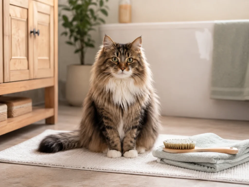 Calm long-haired cat beside a towel and grooming brush