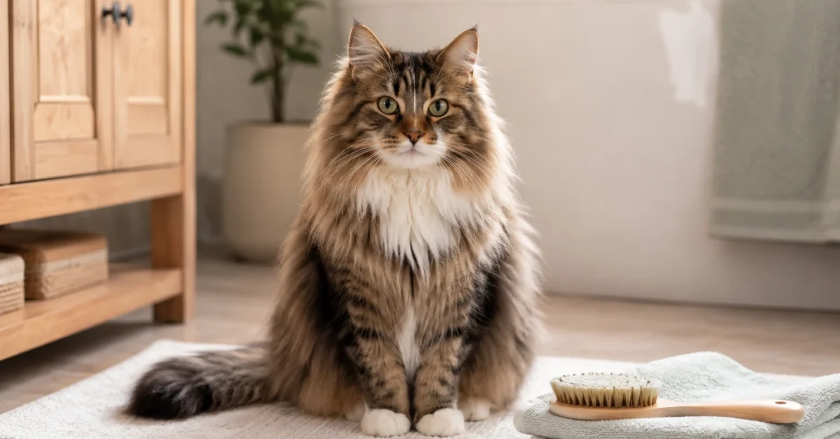 Calm long-haired cat beside a towel and grooming brush
