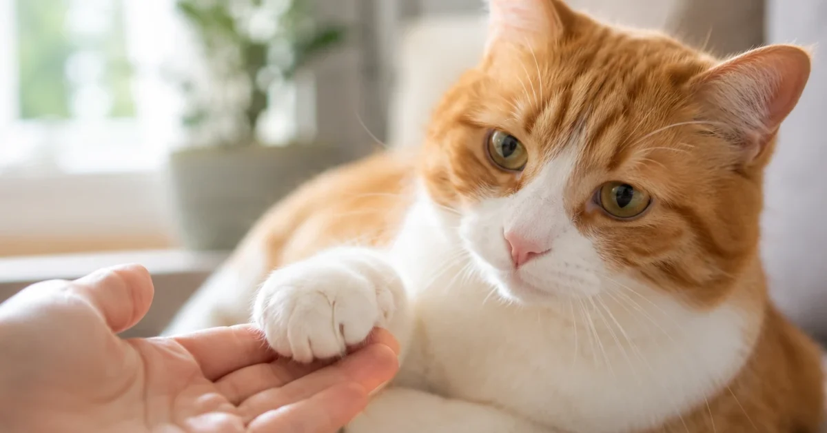Relaxed cat interacting gently with a human hand