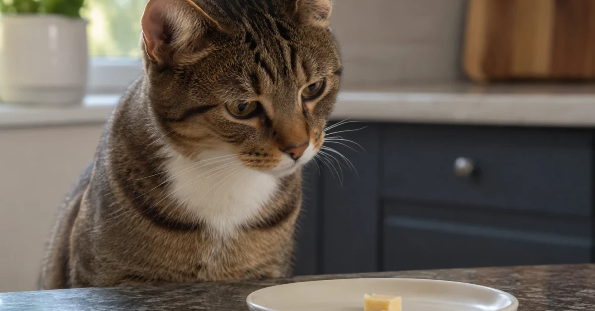 Curious cat near a small piece of parmesan cheese on a plate