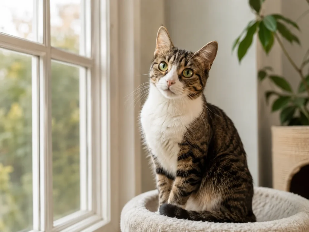 Curious cat sitting near a window as if reacting to a sound