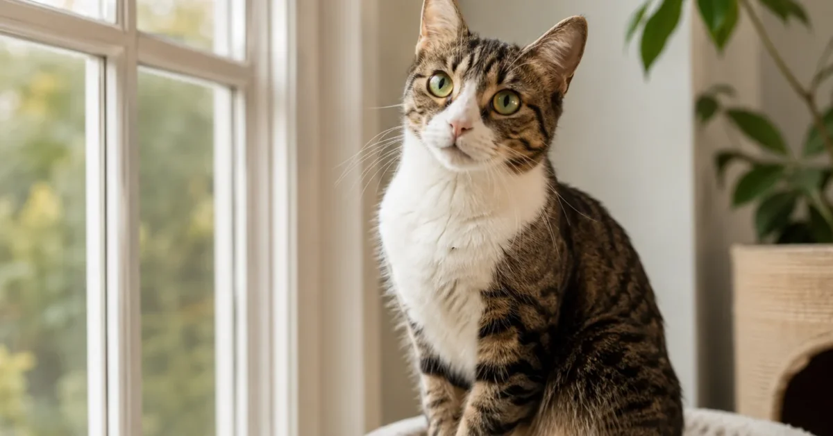 Curious cat sitting near a window as if reacting to a sound