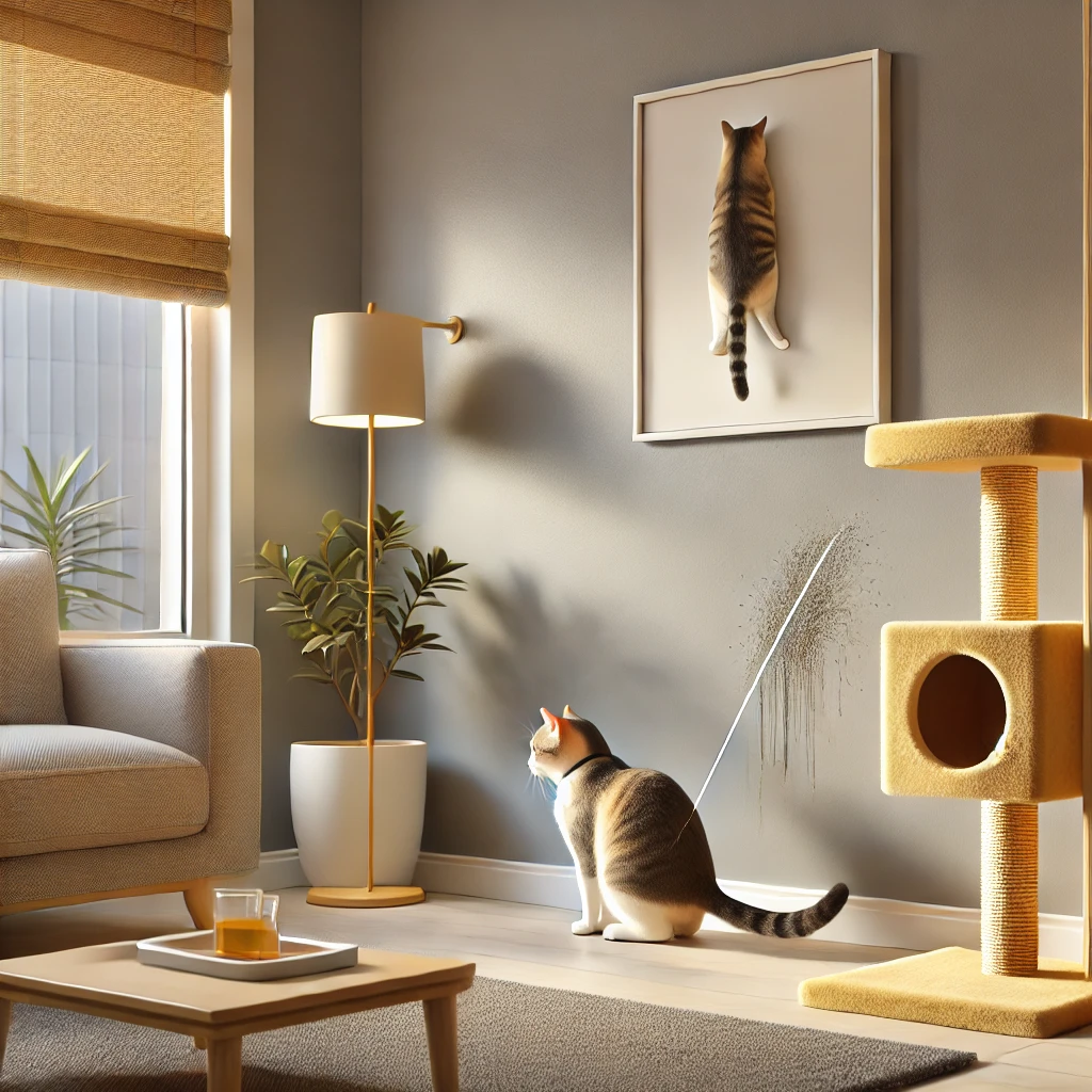 DALL·E 2025-01-16 20.52.10 - A calm indoor setting with a cat near a wall. Indoor scene featuring a cat near a vertical surface, such as a wall, in a calm and clean room. The cat's posture suggests spraying behavior, subtly illustrating territorial marking. The room includes neutral tones, a scratching post, and other cat-friendly items, creating a comfortable and well-maintained environment.