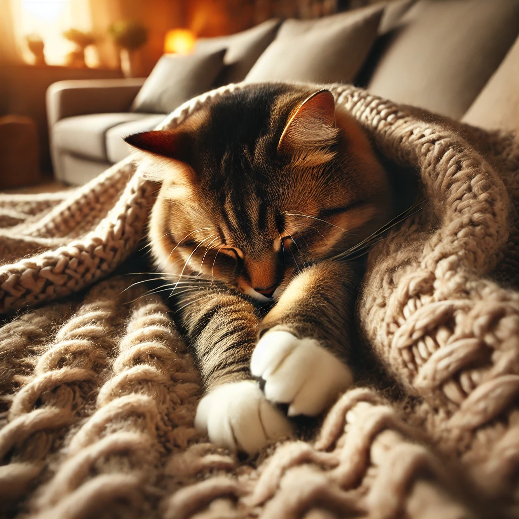 A cat kneading a soft blanket with its front paws A domestic cat kneading a soft blanket with its front paws, showing a comforting behavior. The setting is a cozy living room with warm lighting.