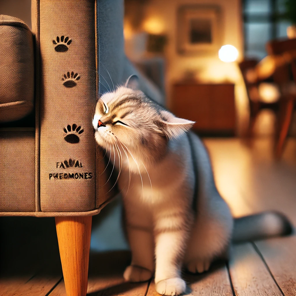 A cat rubbing its cheek against a furniture leg A cat rubbing its cheek against a furniture leg to mark its territory with facial pheromones. The background shows a comfortable indoor environment.