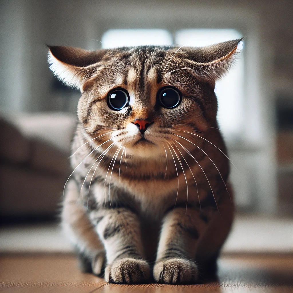 A cat with flattened ears, displaying fear or defensive aggression A cat with flattened ears and a tense body posture, indicating fear or defensive aggression. The indoor background is neutral to highlight the cat's expression.