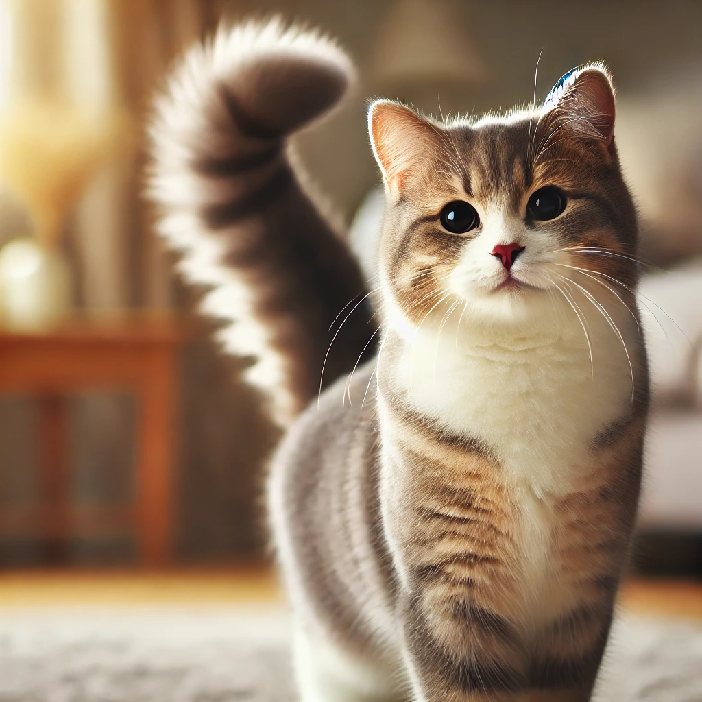 A friendly domestic cat standing with its tail held high A friendly domestic cat standing with its tail held high and slightly curled forward, indicating confidence and contentment. The cat is in a cozy indoor setting.
