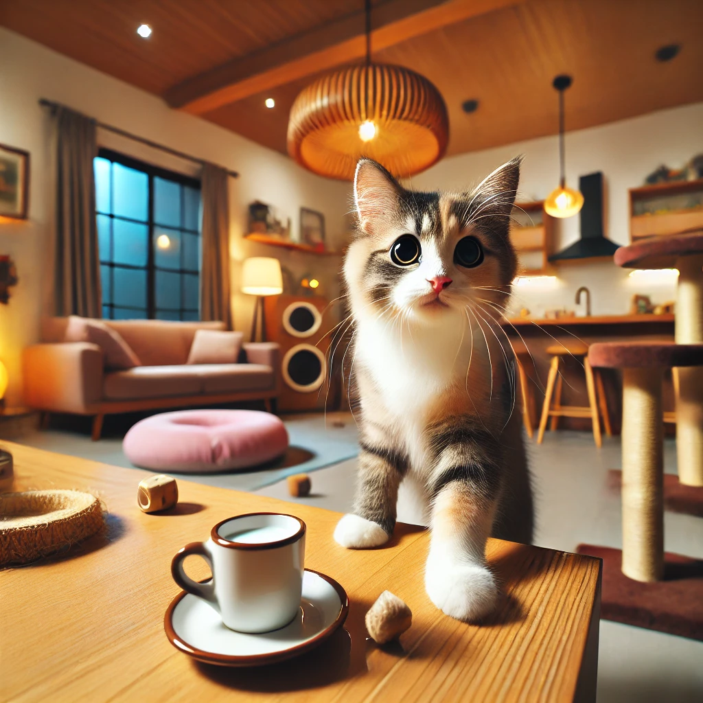 DALL·E 2025-01-16 20.52.16 - A playful indoor scene with a mischievous cat perched on a table. Cozy indoor scene with a mischievous cat perched on a table, playfully reaching toward a small vase, appearing ready to knock it over. The room features warm lighting, toys, scratching posts, and other interactive items, emphasizing a cat-friendly environment. Breakable objects are placed safely, reflecting thoughtful pet care and prevention.