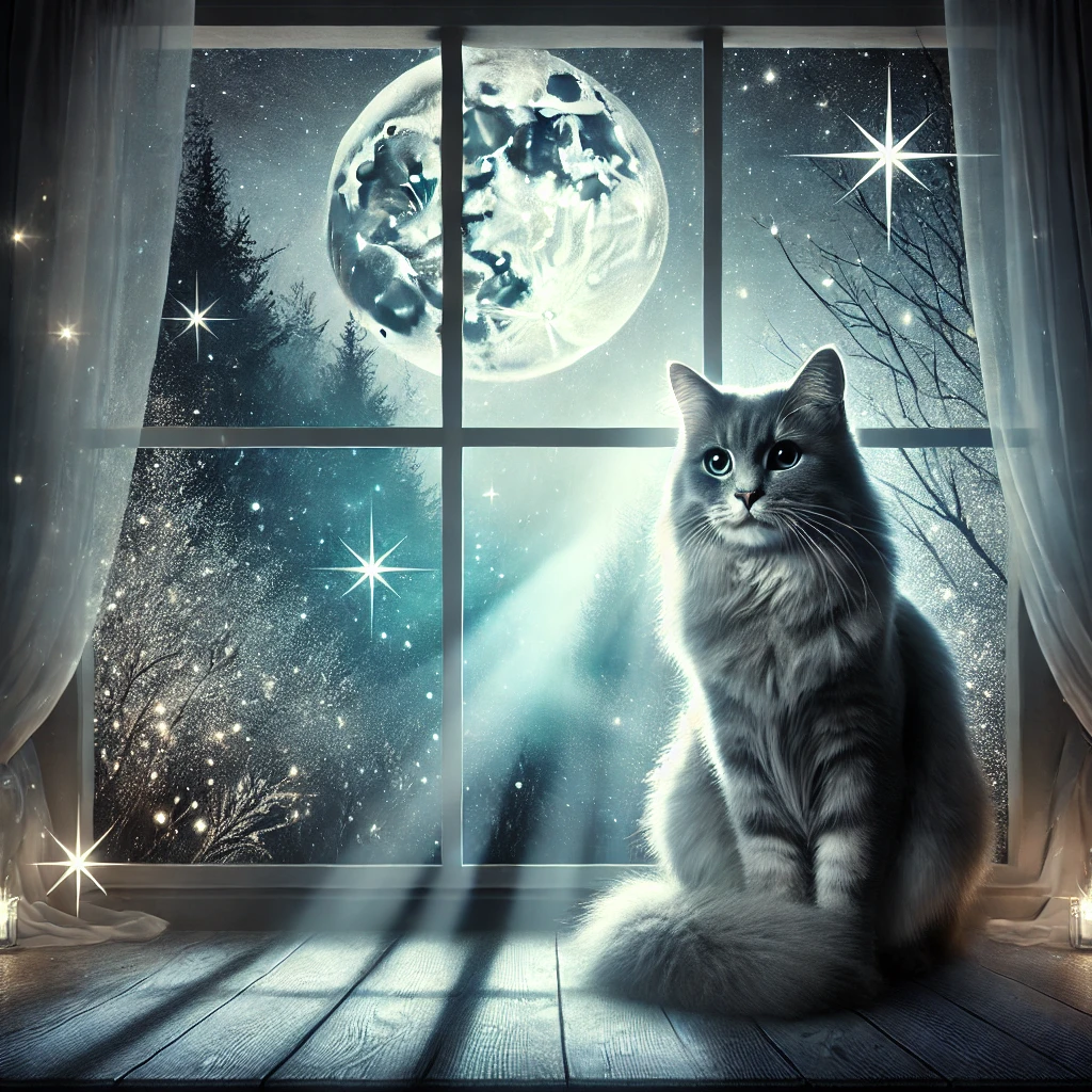 DALL·E 2025-01-16 20.52.23 - A serene and mystical scene with a majestic cat sitting regally on a windowsill. A serene and mystical scene featuring a majestic cat sitting regally on a windowsill, bathed in soft moonlight. The background showcases a starry night sky and faint silhouettes of trees, creating an enchanting atmosphere. The cat appears calm and contemplative, symbolizing the elegance and mystery of feline behavior.