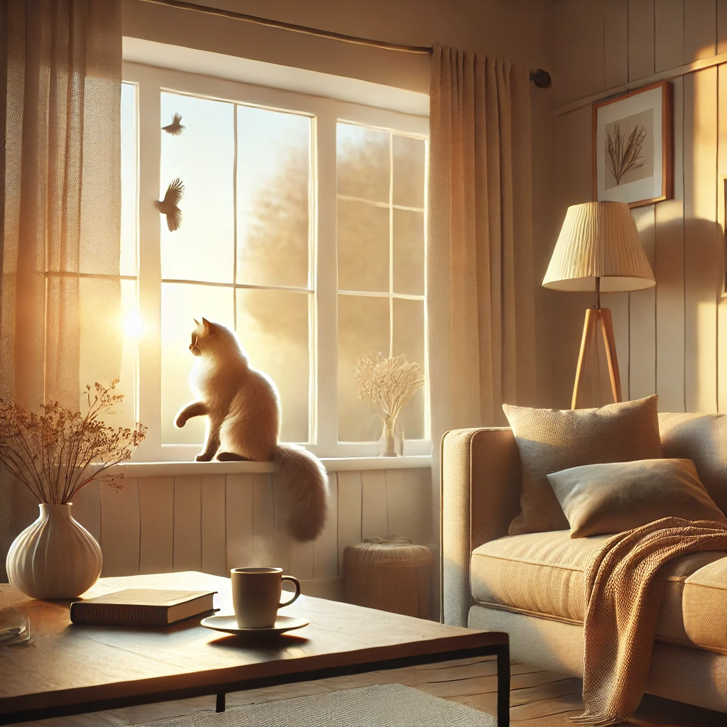 DALL·E 2025-01-16 20.51.53 - A serene early morning scene with acat near a window Serene early morning scene with soft golden sunlight streaming through a cozy living room window. A playful cat stretches gracefully on the windowsill, gazing outside at birds. A coffee cup and an open book rest on a nearby wooden table, evoking a peaceful and inviting atmosphere.