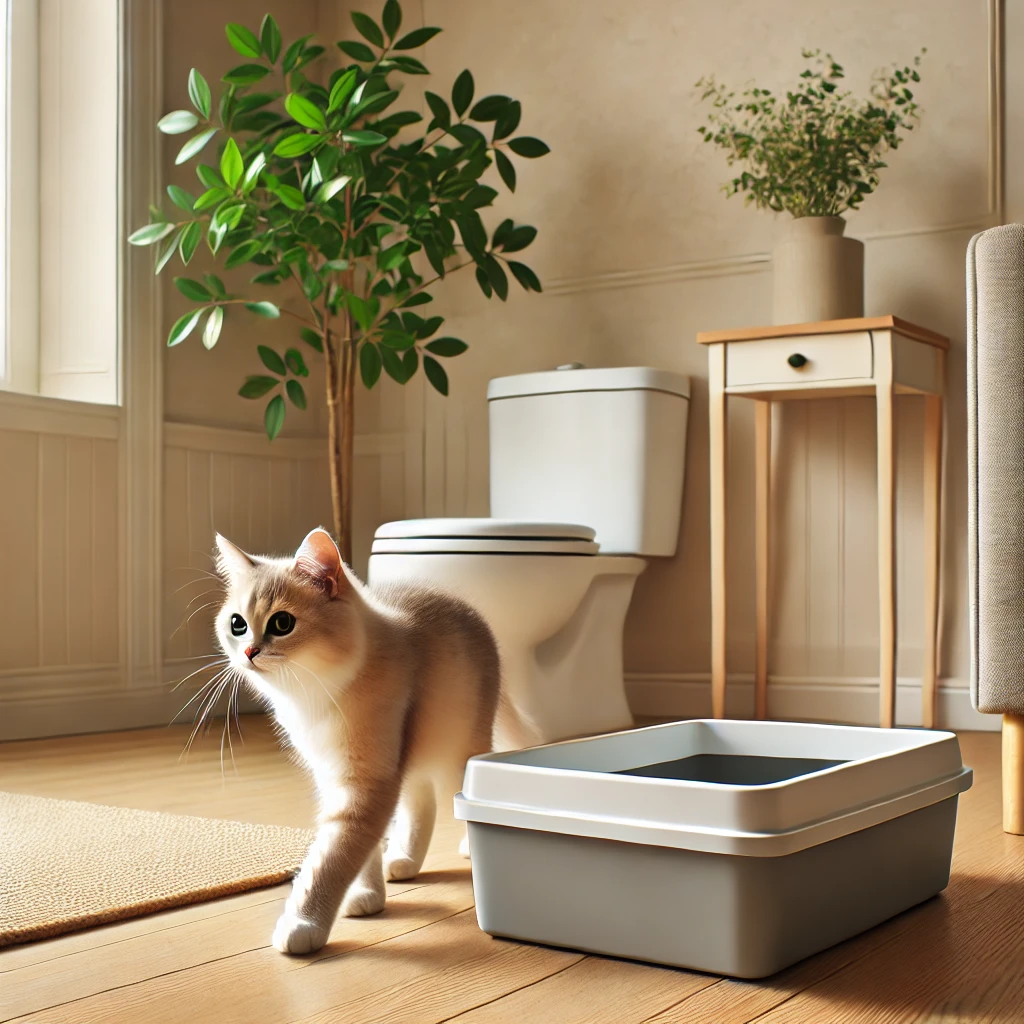 DALL·E 2025-01-16 20.52.04 - A tidy indoor scene with a modern, clean litter box. Bright indoor scene featuring a modern, clean litter box in the corner of a room with wooden flooring. A curious cat steps toward the litter box, appearing comfortable and at ease. The setting includes soft, neutral tones and a potted plant, creating a clean, inviting, and pet-friendly atmosphere.