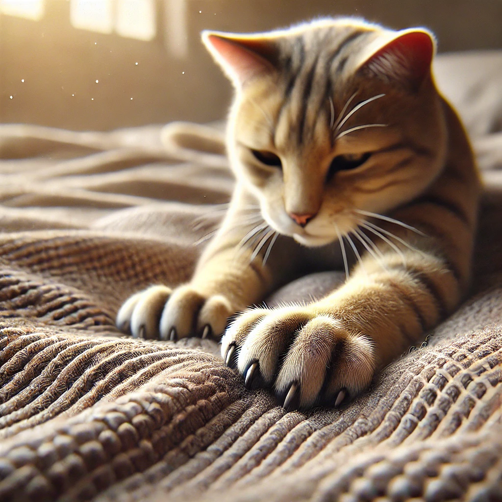 An image of a domestic cat actively kneading a soft, textured blanket with its front paws on a cozy bed, in a warmly lit indoor environment.