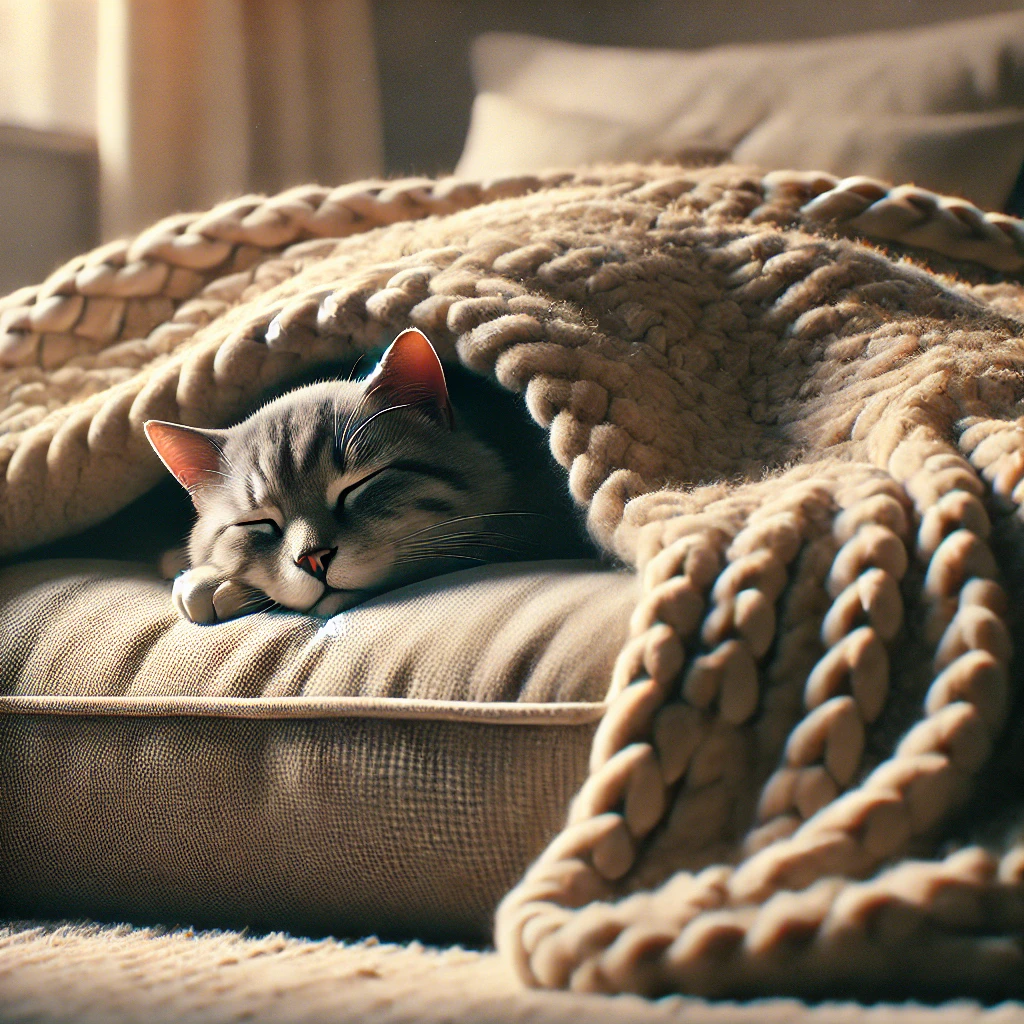 A domestic cat fully tucked under a soft, slightly weighted blanket, lying peacefully on a cozy bed in a warmly lit indoor environment.