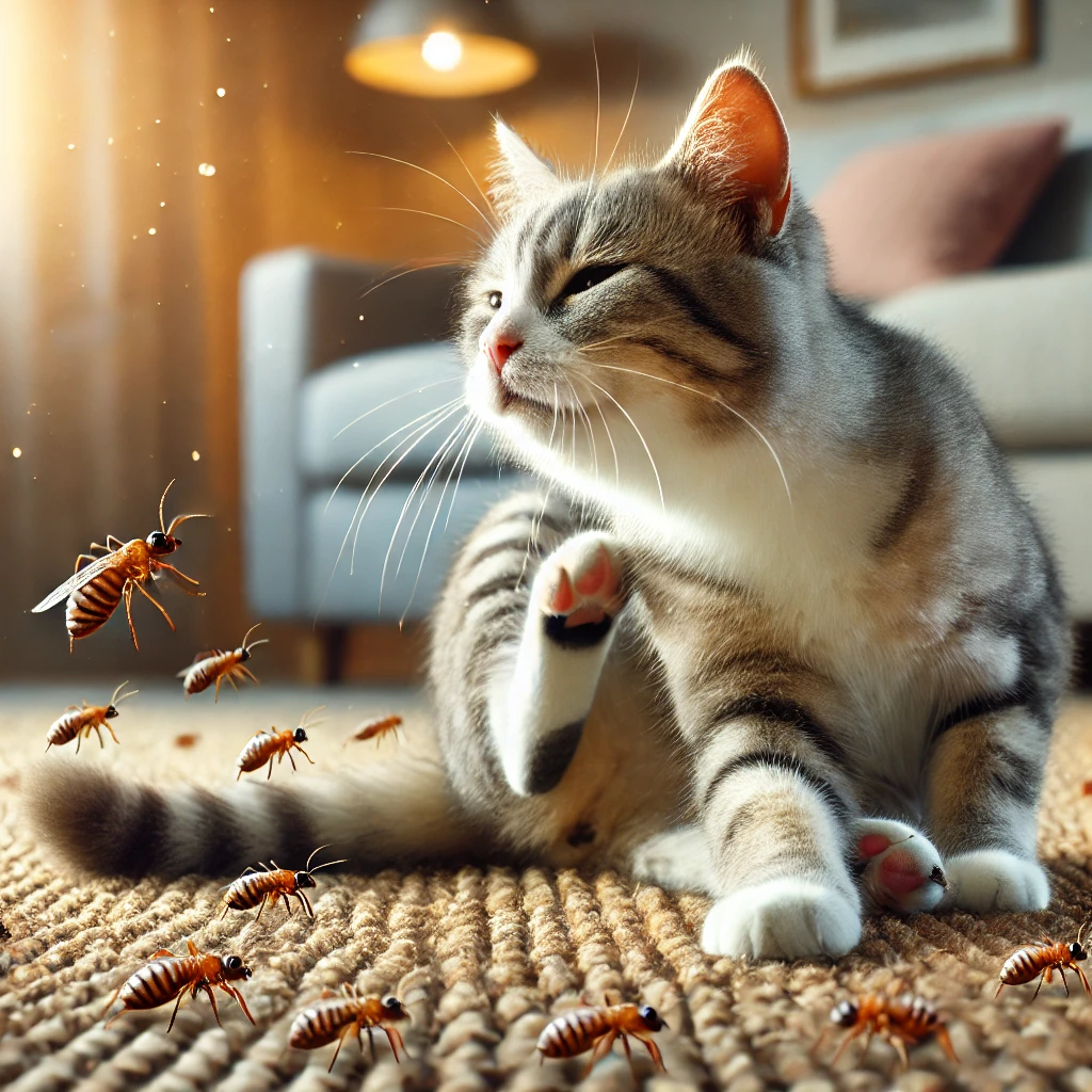 A photorealistic image of a domestic cat scratching itself while sitting on a soft carpet, with small, subtle depictions of fleas nearby, set in a cozy indoor living space.
