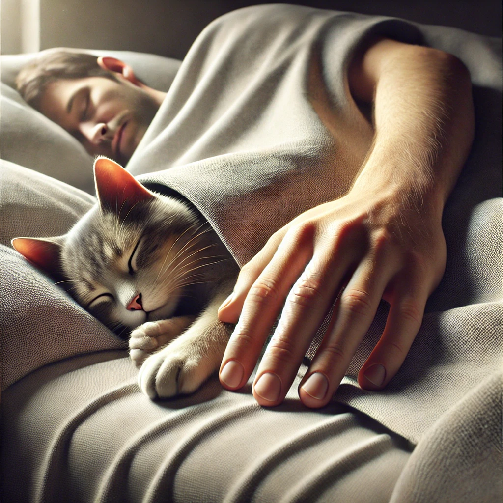 A cat sleeping peacefully under a blanket on a bed, with a human's hand gently resting on the blanket in a softly lit bedroom.