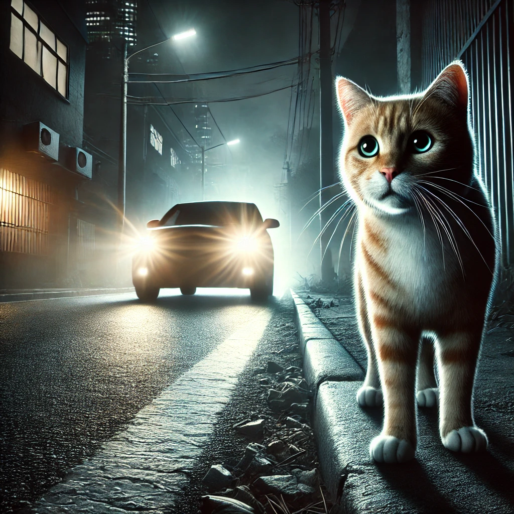 A cat standing on the edge of a busy road at night A domestic cat standing on the edge of a busy road at night, looking hesitant as car headlights approach. Dark alleyways in the background suggest additional dangers like predators or getting lost.