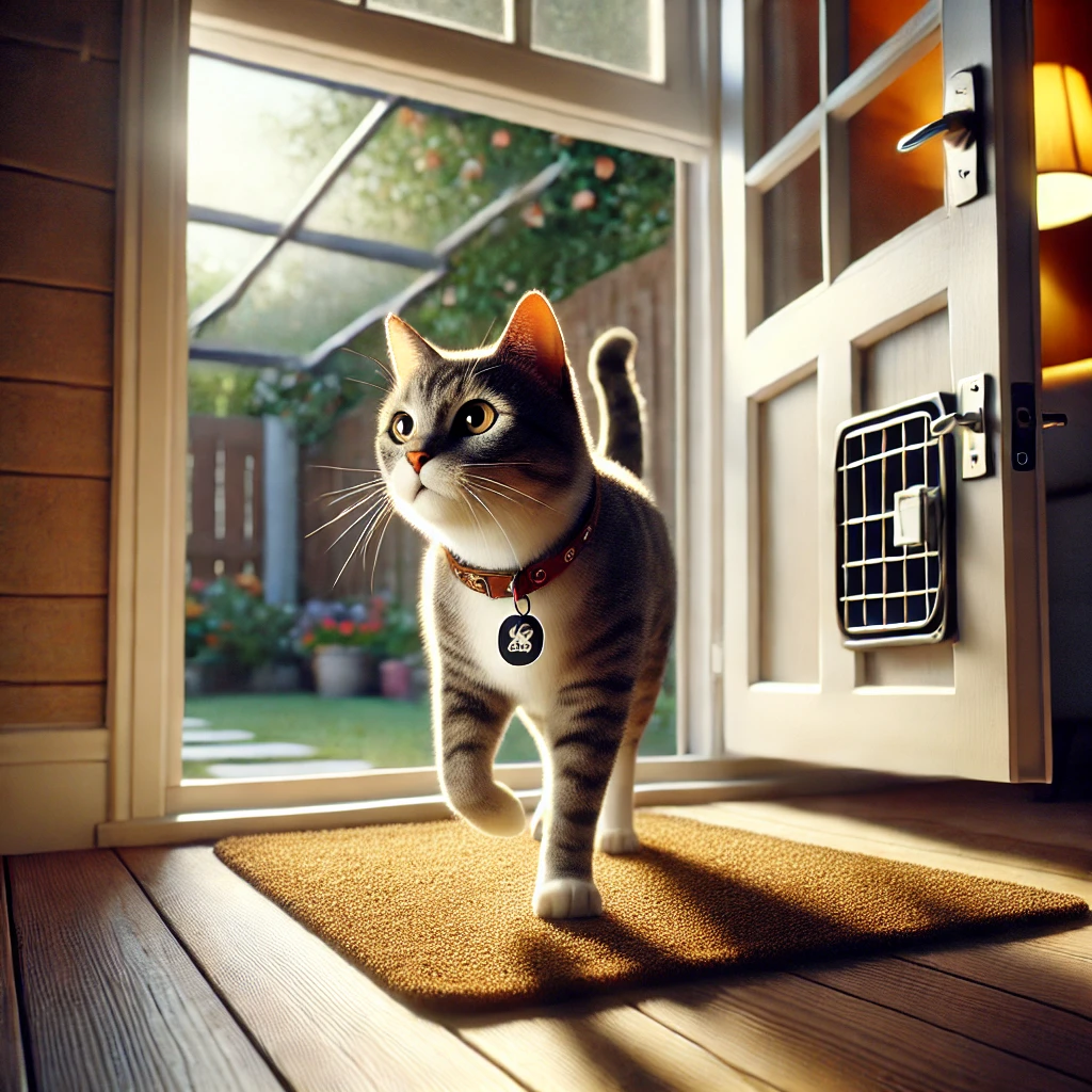 A cat stepping cautiously out of an open door into a backyard A domestic cat cautiously stepping out of an open door into a backyard, wearing a collar with an ID tag. The enclosed backyard has a secure fence, creating a safe yet adventurous outdoor environment.