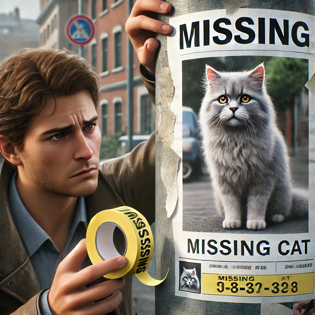 A concerned cat owner putting up a _Missing Cat_ poster A worried cat owner putting up a 'Missing Cat' poster on a street pole. The poster features a fluffy domestic cat with bold 'MISSING' text. Urban surroundings and passing pedestrians in the background emphasize the urgency of a lost or stolen pet.