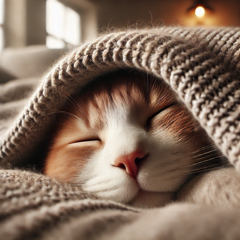 A cat lying calmly under a soft blanket, with its nose clearly visible, illustrating healthy nasal breathing. The indoor setting is cozy, with soft, warm lighting.