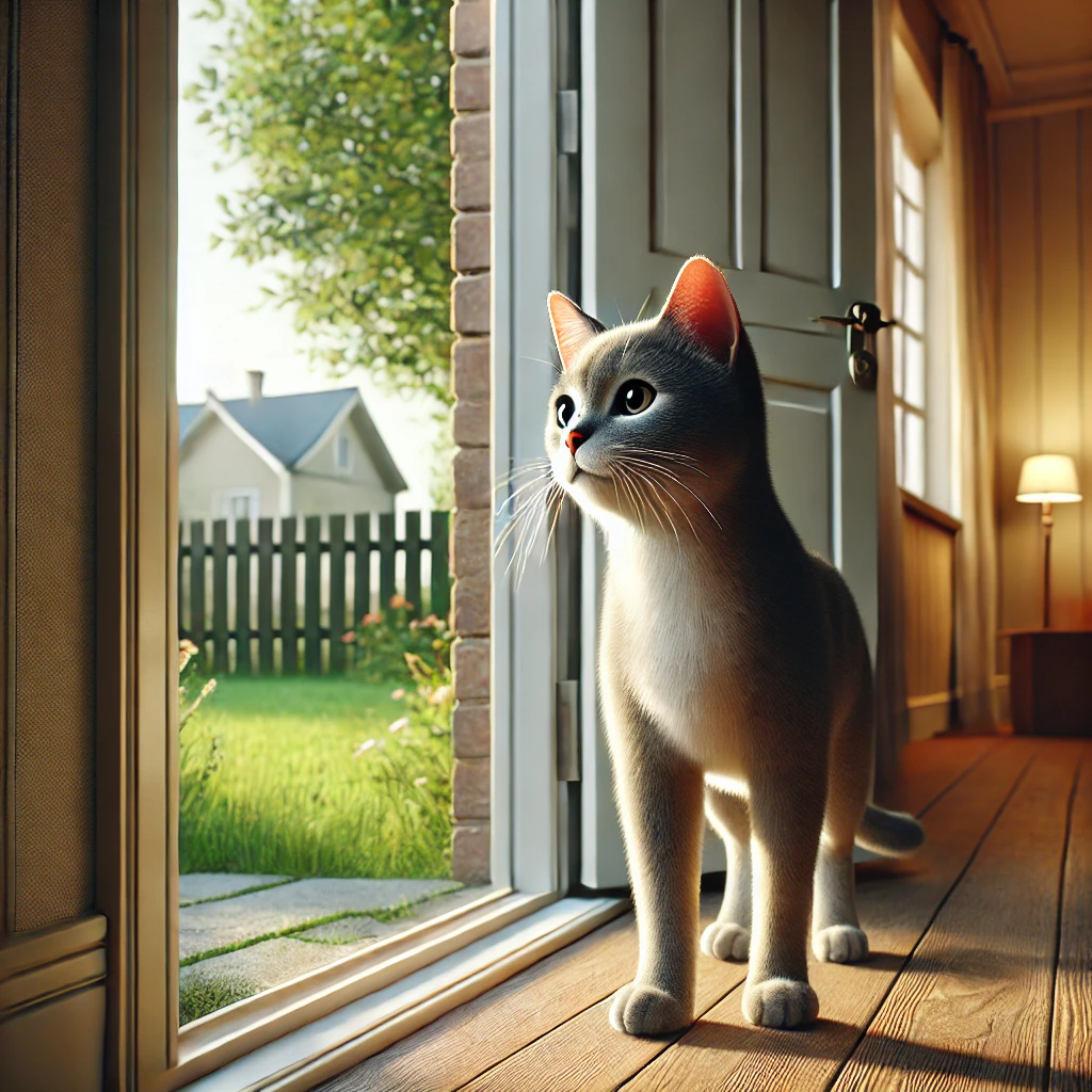 A curious domestic cat standing near an open doorway, gazing outside with an alert expression. The outdoor area features green grass, a fence, and trees, highlighting the cat’s natural curiosity and instinct for exploration.