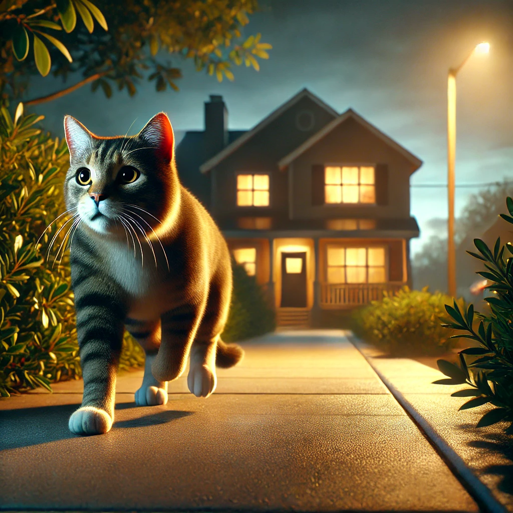 A lost domestic cat cautiously walking along a sidewalk A lost domestic cat cautiously walking along a suburban sidewalk at dusk. The cat looks wary but determined, with a warm-lit house in the background symbolizing hope for its return.
