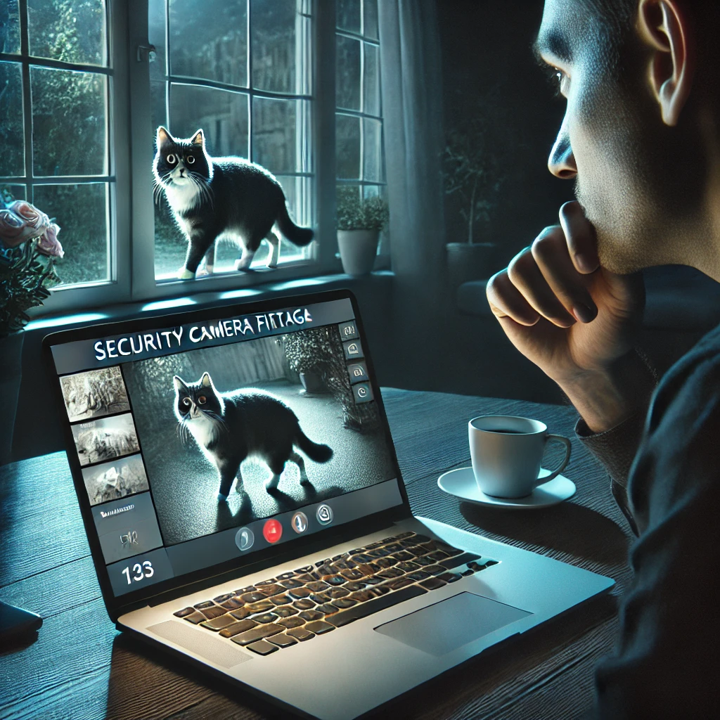 A person reviewing security camera footage on a laptop screen A person reviewing security camera footage on a laptop, showing a cat wandering outside at night. The dimly lit room and concerned expression highlight the urgency of locating a missing pet.