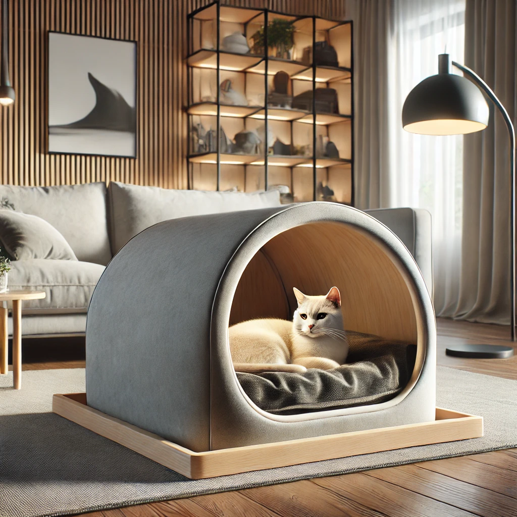 An image of a stylish, modern cat bed in a cozy, well-decorated living room, with a domestic cat curled up comfortably inside. The design of the bed complements the room's decor.