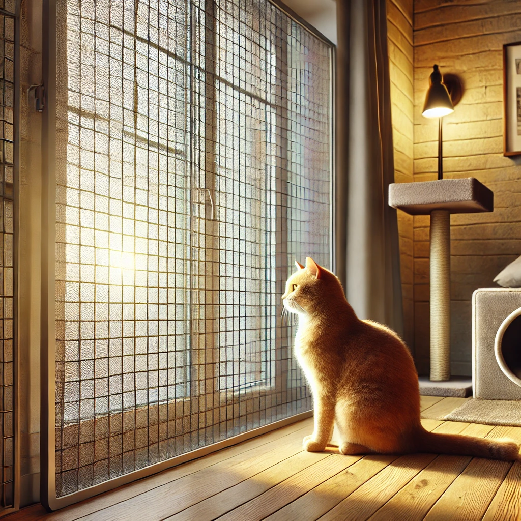 An indoor domestic cat sitting by a closed window, looking outside An indoor domestic cat sitting by a closed window with a longing expression. The window has a secure mesh screen to prevent escape, and the cozy room features cat-friendly furniture like a scratching post and a comfortable bed.