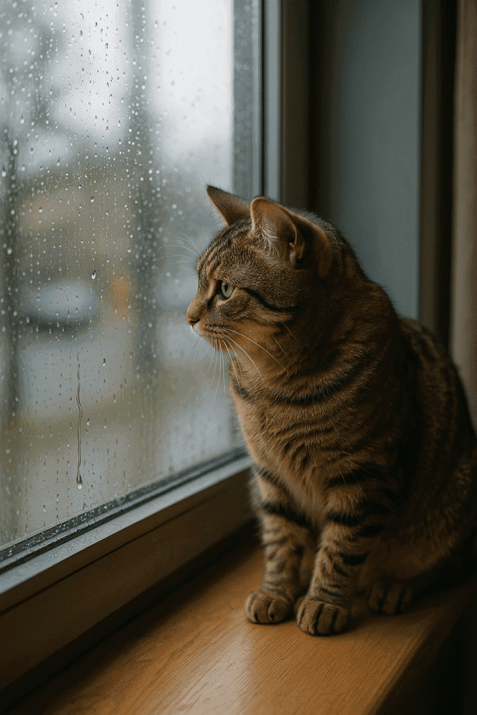 Kitty Loves Raindrops A tabby cat watches a raindrop trickle down a window, capturing a peaceful indoor moment during a rainy afternoon.